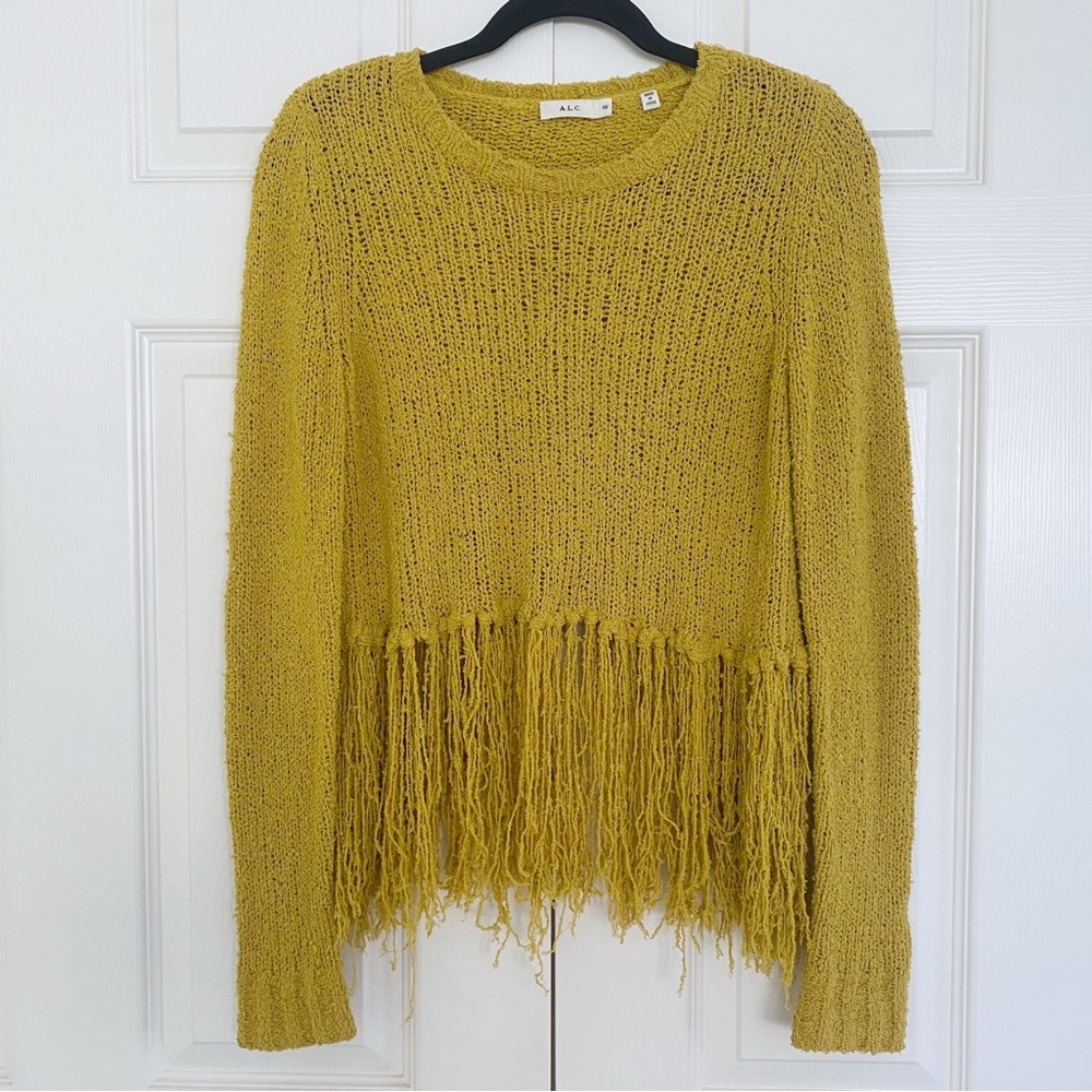 A.L.C. Andreas Fringe Silk Sweater XS Yellow Boho Texture Knit Artsy Festival
